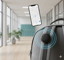 Load image into Gallery viewer, Smart backpack with a device on it, showing an app interface on a smartphone in a school hallway.
