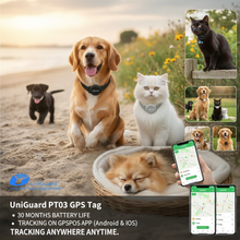 Load image into Gallery viewer, Collage of dogs and cats wearing UniGuard PT03 GPS tags with product details.
